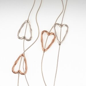 Fashionable Long Necklace with Heart Elements Matt Silver / Matt Rose Gold