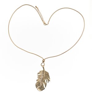 Fashionable long necklace with feather pendant, gold