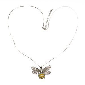 Fashionable long necklace with bee pendant, rhodium