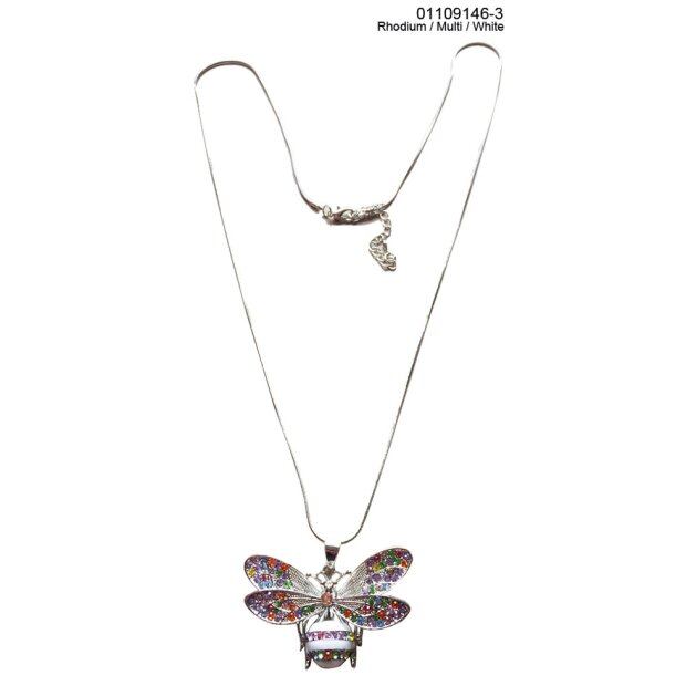 Fashionable long necklace with bee pendant, rhodium/multi/white