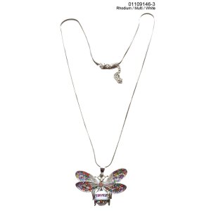 Fashionable long necklace with bee pendant, rhodium/multi/white