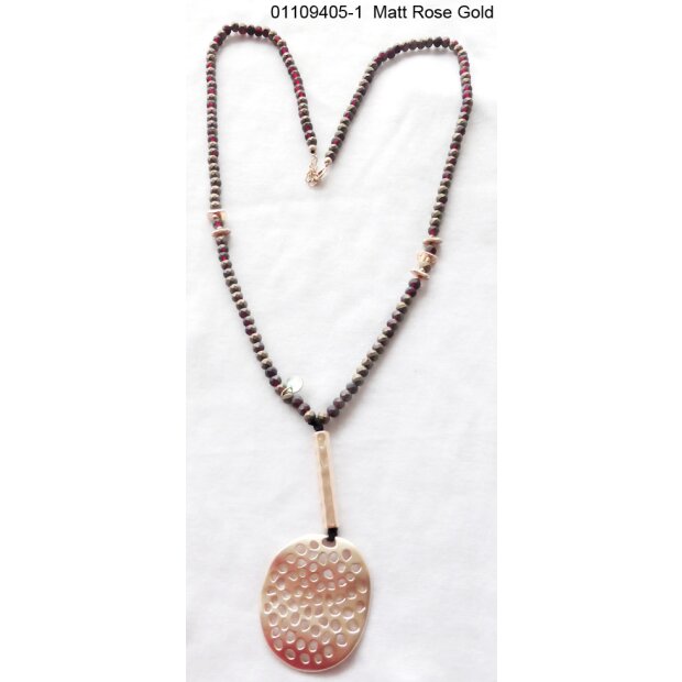 Fashionable long necklace with small beads and pendant, matt rose gold
