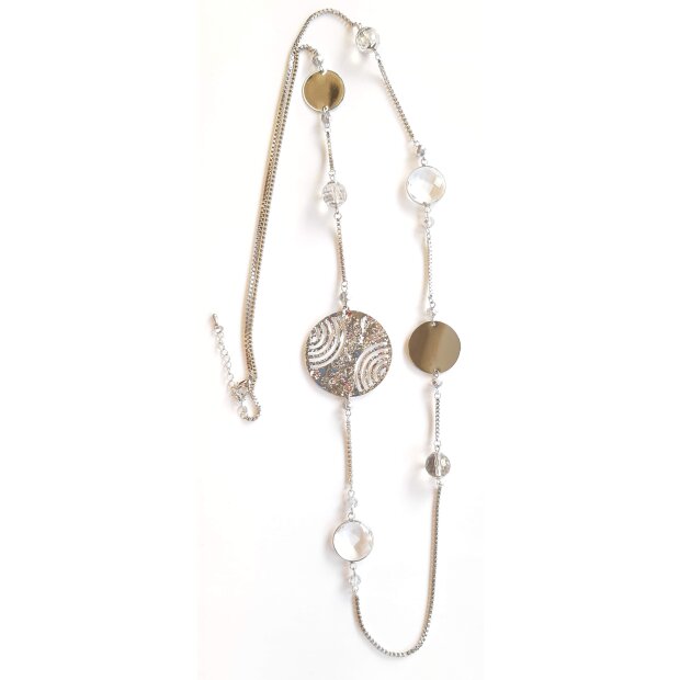 Fashionable long necklace with glass pearls and round pendants silver