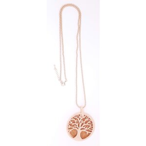 Necklace with round pendant with tree motif and rhinestones rose gold