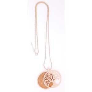 Necklace with round pendant with tree motif and rhinestones rose gold