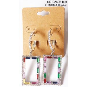 Earrings with square shaped pendant with multicolour gemstones and crystal stones rhodium