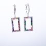 Earrings with square shaped pendant with multicolour gemstones and crystal stones rhodium
