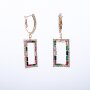Earrings with square shaped pendant with multicolour gemstones and crystal stones gold