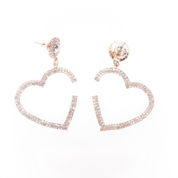 Earrings with heart shaped pendant with rhinestones gold