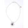 Setpearl necklace with edelweiss pendant and earrings with rhinestones, antik silver + black gemstones