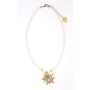 Setpearl necklace with edelweiss pendant and earrings with rhinestones, antik gold + crystal stones