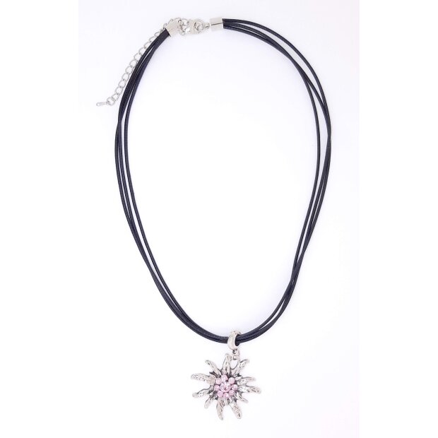 Necklace with edelweiss pendant with light rose gemstones