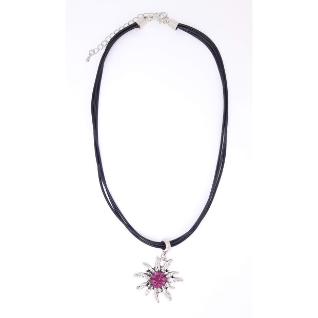 Necklace with edelweiss pendant with fuchsia gemstomes