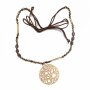 Necklace with brown beads, gemstones and big round matt gold pendant