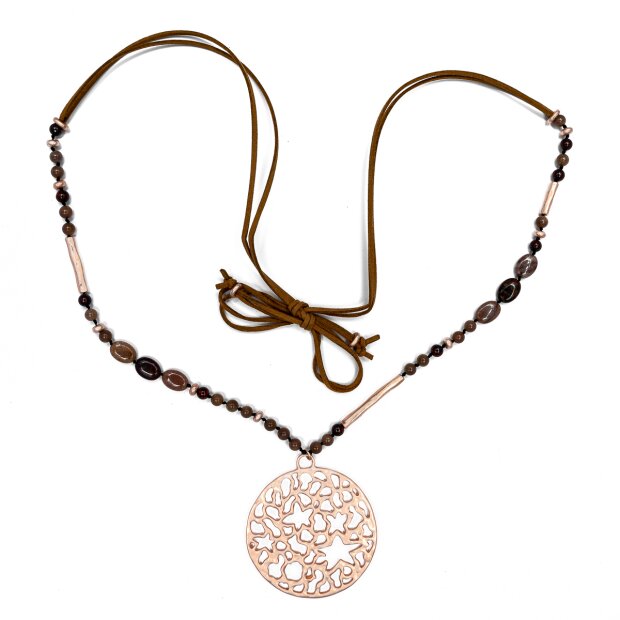 Necklace with brown beads, gemstones and big round matt rose gold pendant