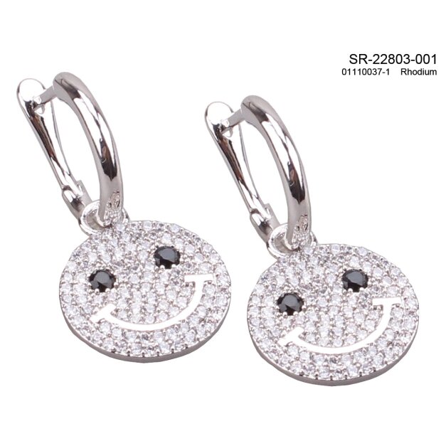 Earrings plated with real rhodium + smiley pendant with rhinestones