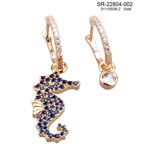 Ohrringe mit echtem 18k Gold &uuml;berzogen (1 x mit Seepferdchen-Anh&auml;nger mit blauen Steinen)