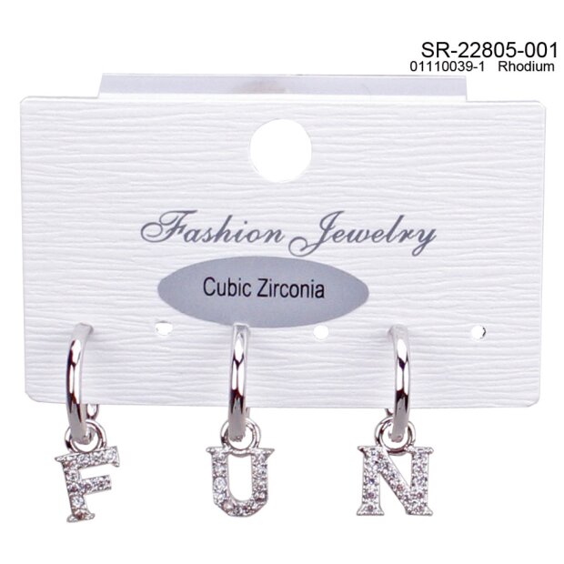 Earrings with letter pendants &quot;FUN&quot; with real rhodium and rhinestones