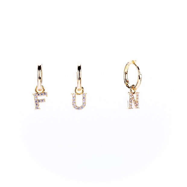 Earrings with letter pendants &quot;FUN&quot; with real 18k gold and rhinestones