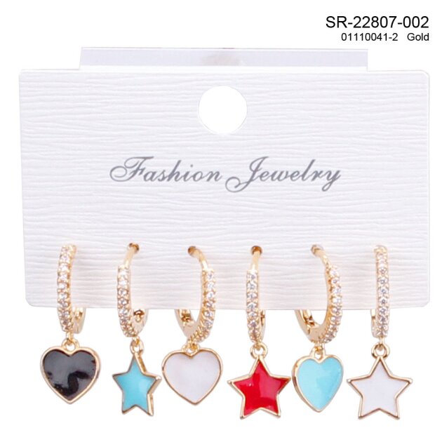 Earrings plated with real 18k gold + different coloured pendants (3 x heart, 3 x star)