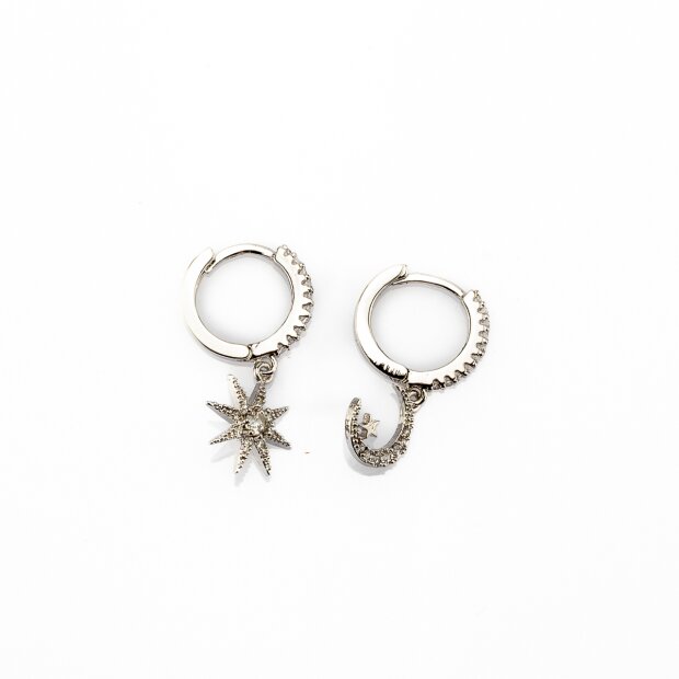 Earrings with 2 different pendants (sun &amp; moon) rhodium
