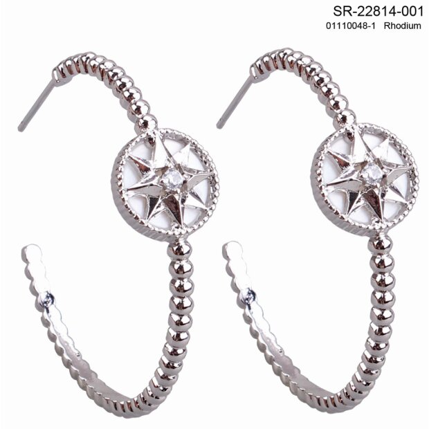 Hoops earrings with star shaped pendants, plated with real rhodium