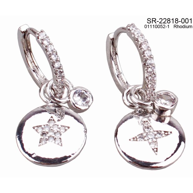 Earrings with round pendant with rhinestones rhodium