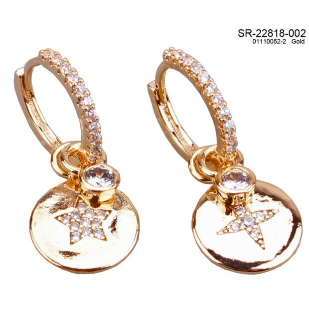 Earrings with round pendant with rhinestones gold
