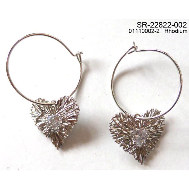 Hoops earrings with heart shaped pendant, plated with real rhodium