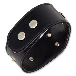 black leather bracelet, skull design, press button, adjustable