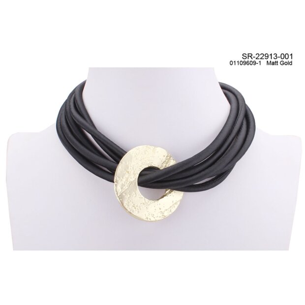 Necklace black with round, matt gold pendant