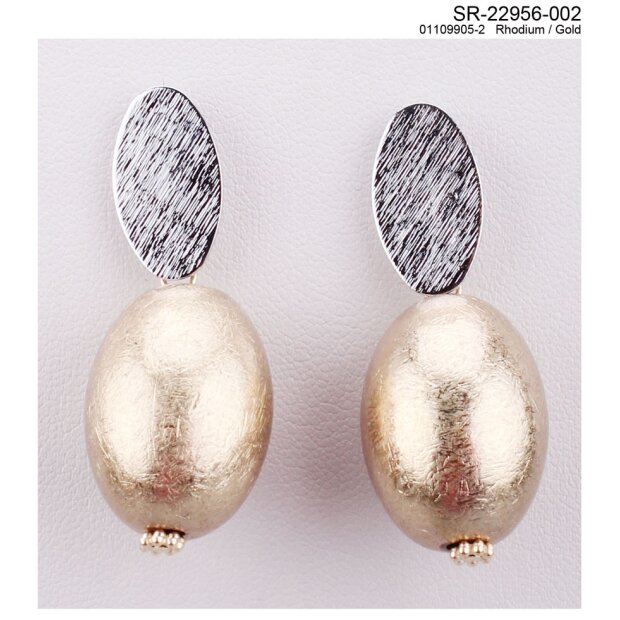 Earrings, gold with pendant in 2 different silver tones