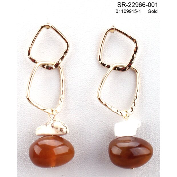 Earrings, gold with white and orange gemstone