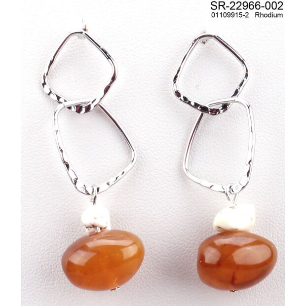 Earrings, rhodium with white and orange gemstone