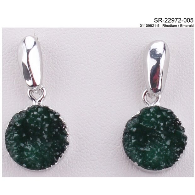 Earrings, rhodium + round pendant with emerald stone