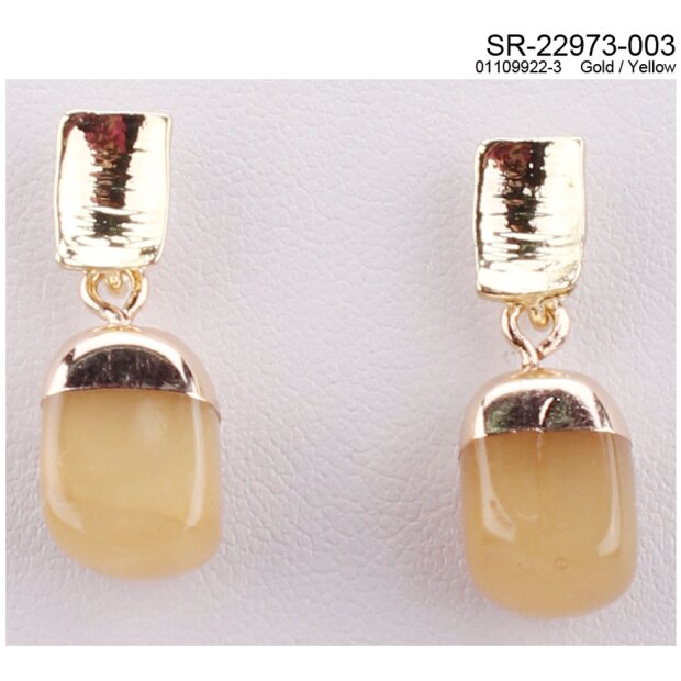 Earrings, gold + pendant with yellow gemstone