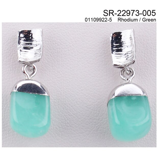Earrings, rhodium + pendant with green gemstone