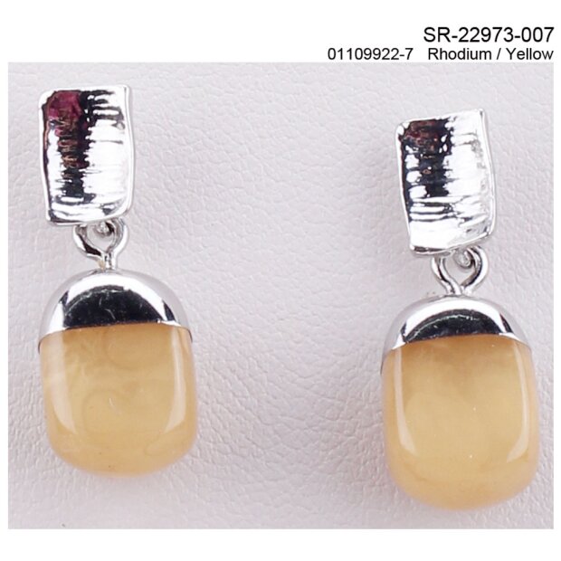 Earrings, rhodium + pendant with yellow gemstone