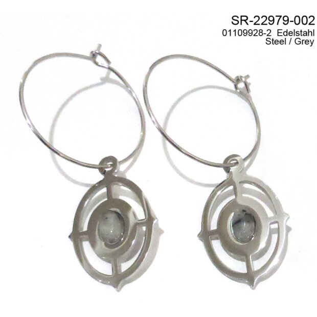 Stainless steel earrings + pendant with grey gemstone, silver