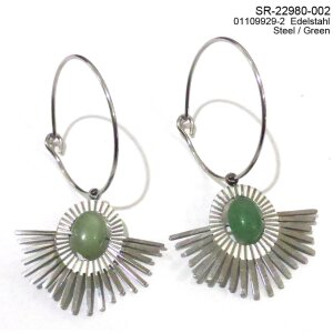 Stainless steel earrings with pendant with green gemstone