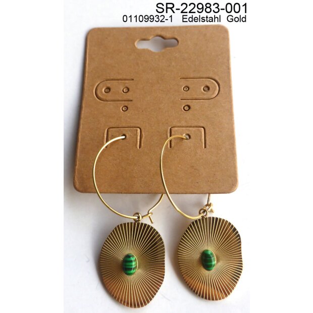 Stainless steel earrings, gold with green gemstone