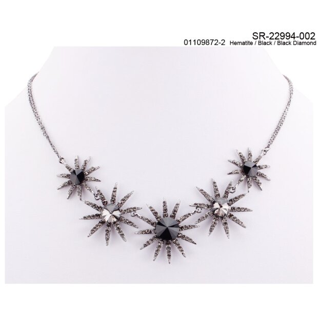 Necklace + pendant, hematite with black/black diamond stones