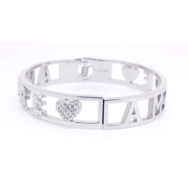 Stainless steel bangle with lettering AMORE with crystal stones silver