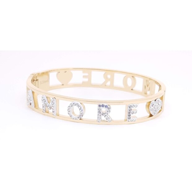 Stainless steel bangle with lettering AMORE with crystal stones gold