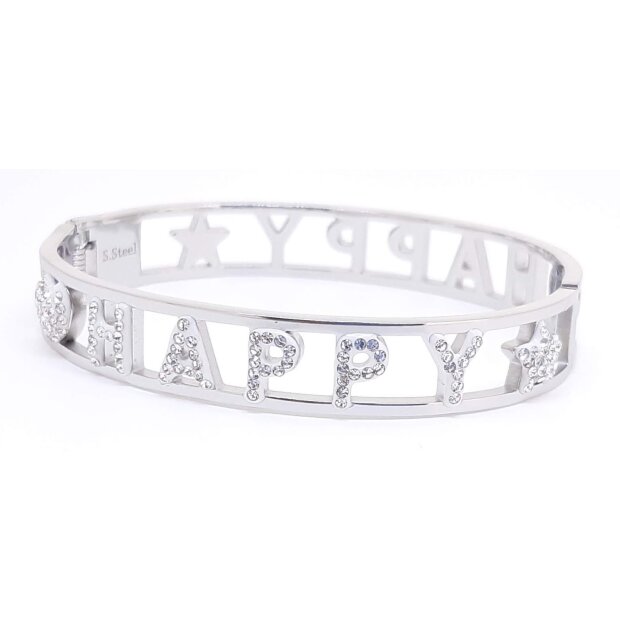 Stainless steel bracelet with lettering HAPPY with crystal stones silver