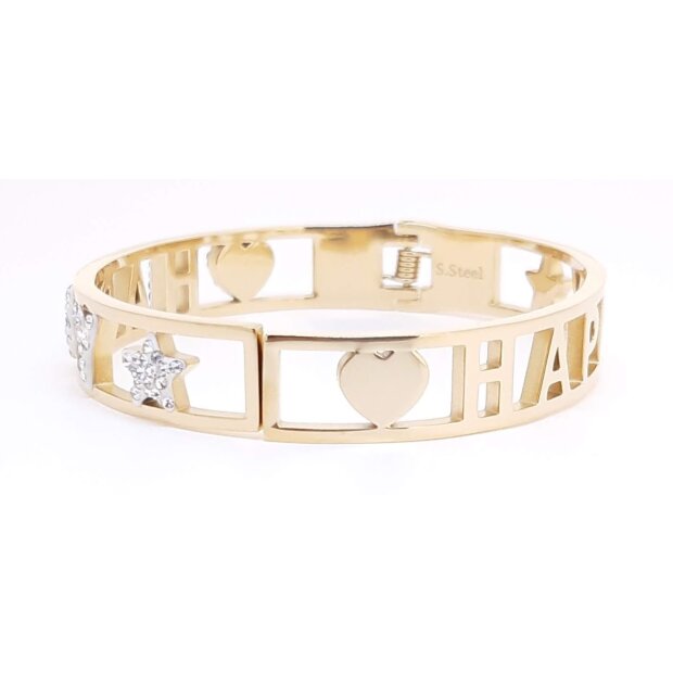 Stainless steel bracelet with lettering HAPPY with crystal stones gold
