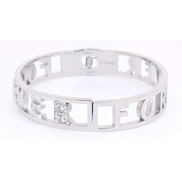 Stainless steel bangle with lettering FOREVER with crystal stones silver