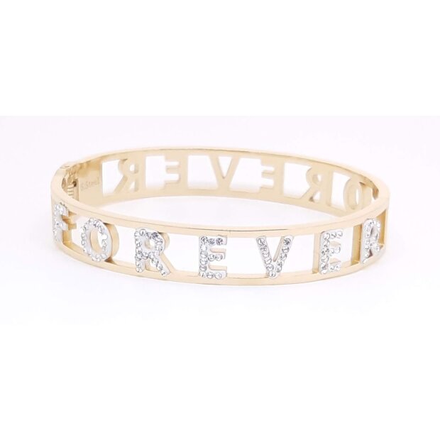 Stainless steel bangle with lettering FOREVER with crystal stones gold