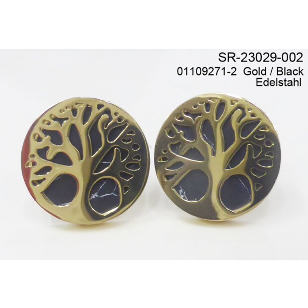Earrings made from stainless steel with living tree motif, gold
