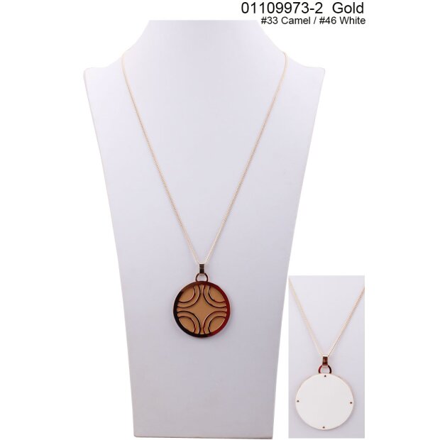 long necklace with round pendant, gold/camel